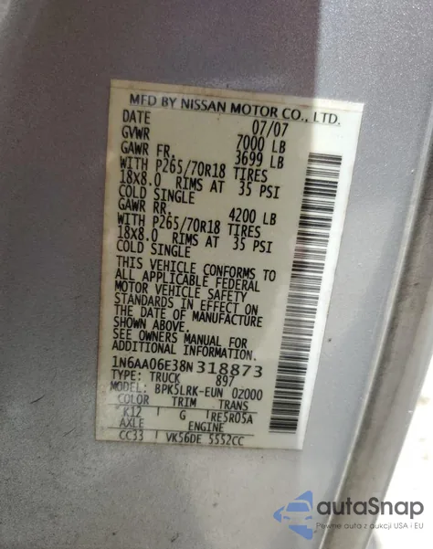 2008 Nissan Titan Xe from USA, damaged, VIN 1N6AA06E38N318873